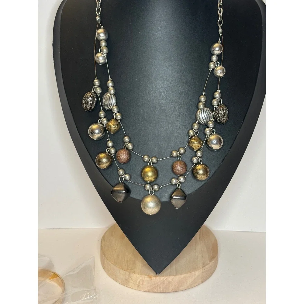 Mixed Metal Multi Strand Bib Necklace Silver Gold Bronze Beaded Statement 20
